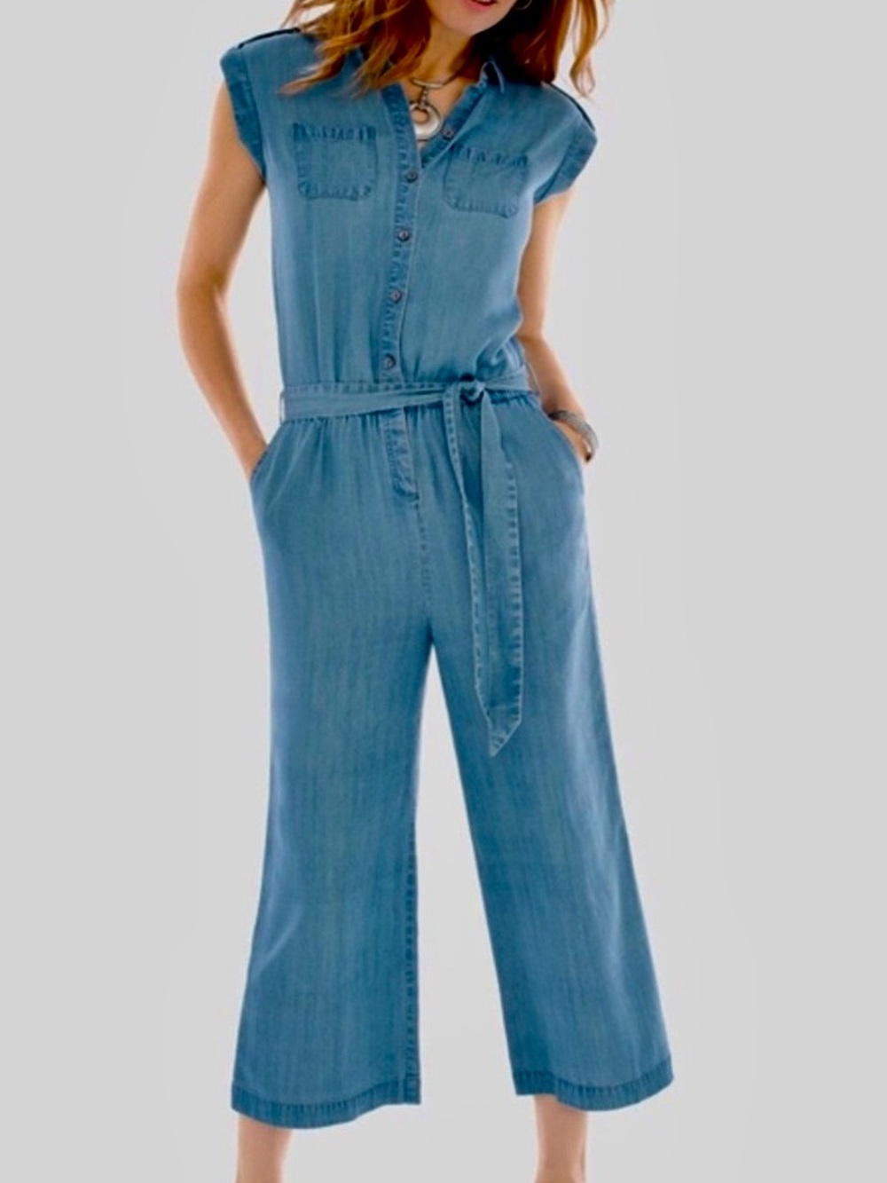 Chico's Light Blue Denim Jumpsuit with Tie Waist